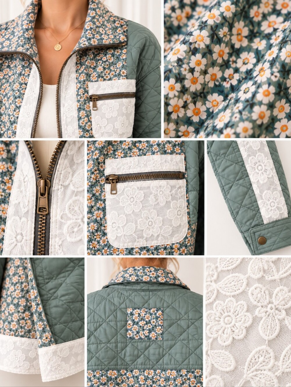 Ampersand Avenue | Quilted Jacket Size XS Sage Floral Lace Patchwork Cottagecore - Picture 4 of 9